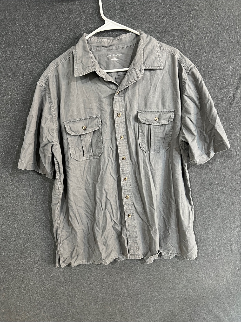 Croft & Barrow Mens XL Light Gray Short Sleeve Button Down Shirt Ripstop Texture